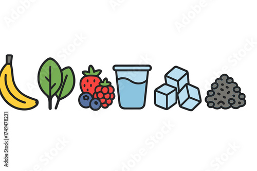 Healthy smoothie ingredients including banana, spinach, berries, water, ice, and seeds