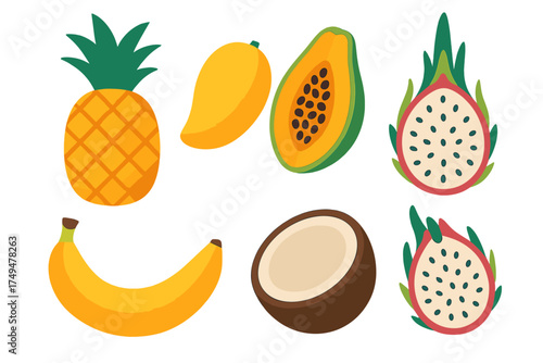Vibrant collection of tropical and exotic fruits including pineapple mango banana and dragon fruit