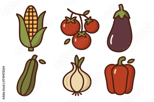 Set of fresh organic vegetables: corn, tomatoes, eggplant, zucchini, onion, and pepper
