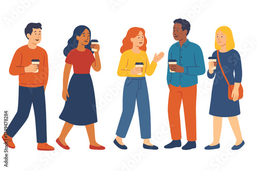 Diverse young adults walking and talking while holding takeaway coffee cups