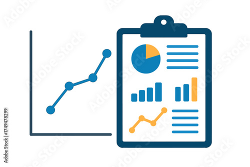Financial data analysis report on a clipboard next to an upward trending line graph icon