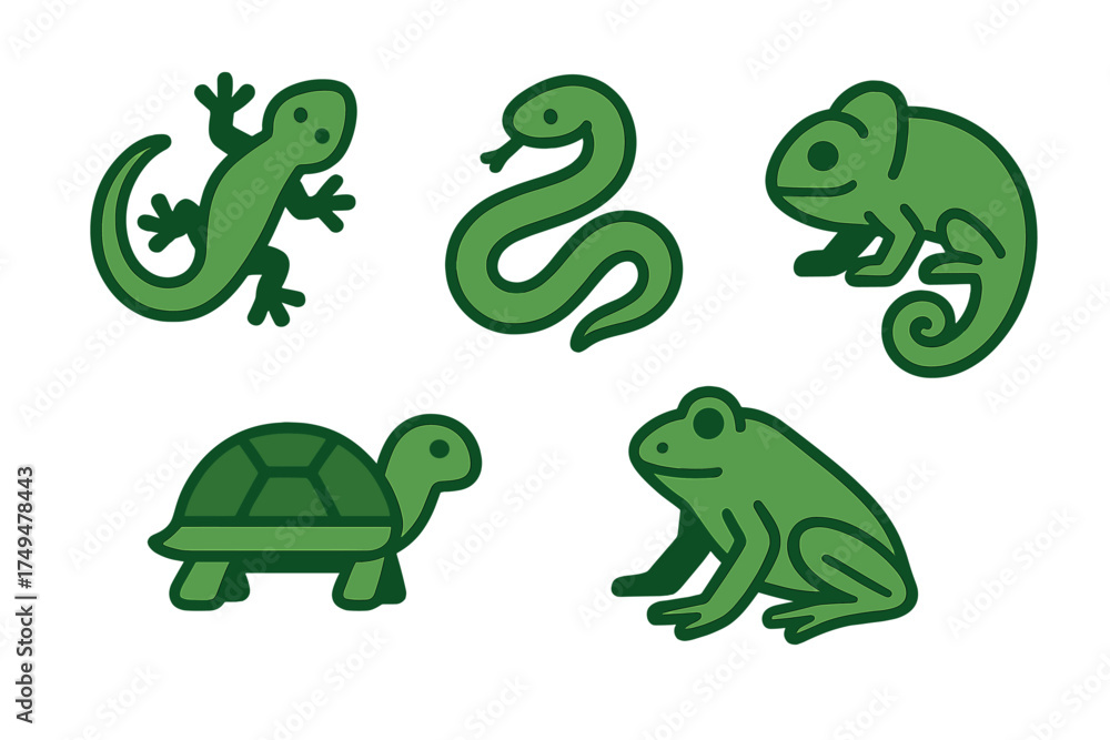 Obraz premium Minimalist set of green reptiles and amphibians: gecko, snake, chameleon, turtle, and frog