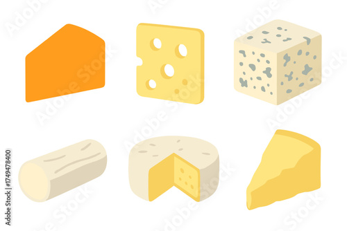 Isometric assortment of six different cheese pieces and blocks on a white background