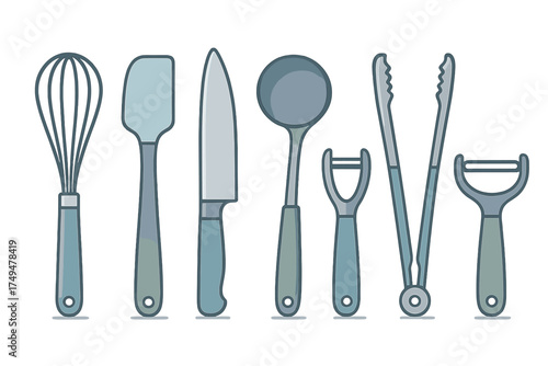 Collection of essential kitchen utensils and cooking tools including whisk spatula knife ladle tongs and peelers