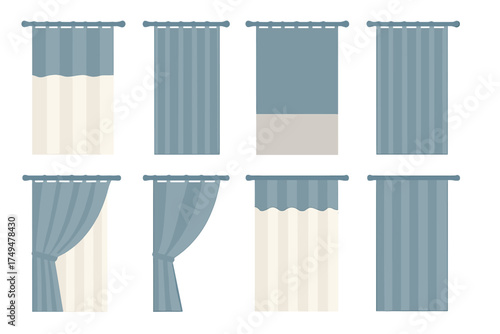 Set of window curtains and drapes in blue and beige colors for interior design