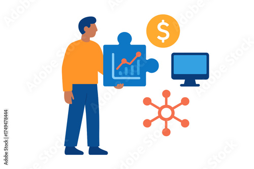 Professional holding puzzle piece with financial chart surrounded by business icons