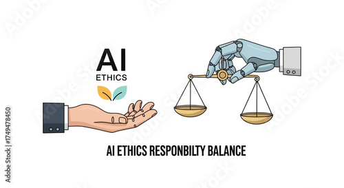 AI ethics responsibility balance, with a hand and robotic arm holding scales.
