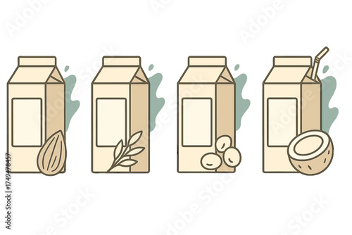 Set of plant-based milk cartons including almond, oat, soy, and coconut alternatives