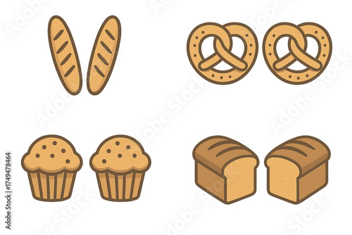 Assortment of freshly baked goods including baguettes pretzels muffins and sliced bread