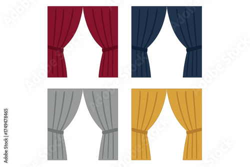 Four different colored pairs of elegant window curtains tied back with matching fabric straps