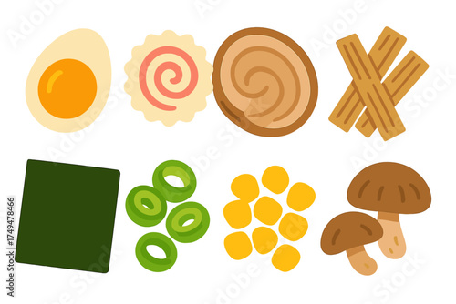 Japanese ramen noodle soup toppings set including egg, pork, fish cake, seaweed, and vegetables