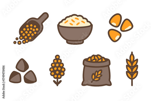 Set of essential food icons showing raw grains, cooked rice, wheat ear, corn, and storage bags
