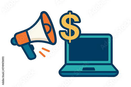 Digital marketing concept with megaphone broadcasting information to laptop and dollar sign