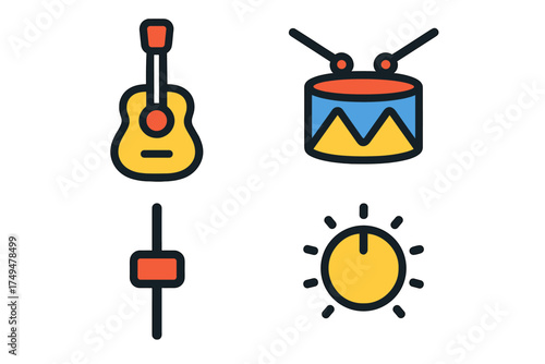Set of musical instruments and audio control icons including guitar drum fader and knob