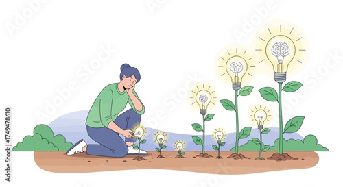 Illustration of a woman tending to plants that grow into lightbulbs, symbolizing ideas and growth.