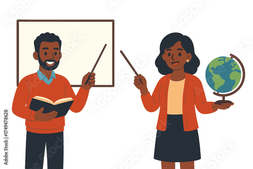 Diverse male and female educators presenting lessons with a globe and blank whiteboard