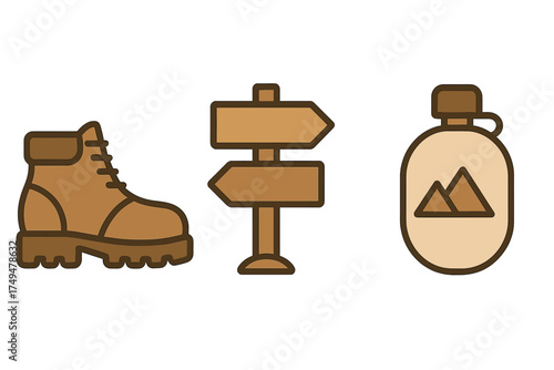 Set of icons featuring hiking boot, wooden signpost, and outdoor canteen for adventure travel