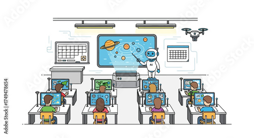 Classroom with students learning about space from a robot teacher with a drone.