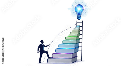 Man climbing books ladder to reach a light bulb idea.