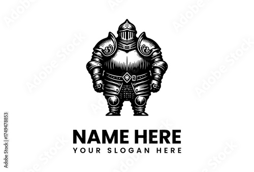 Vintage illustration of a stout knight in full plate armor. A medieval warrior logo concept in a classic black and white style. 182