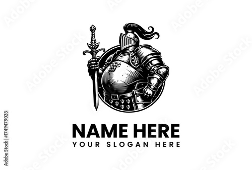 Intricate Armored Knight Warrior Logo Template in Vintage Monochrome Style, Featuring a Medieval Figure Holding a Sword – Ideal for Gaming, Heraldry, or Brand Identity