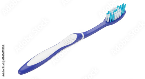 Isolated blue toothbrush with white and turquoise bristles for oral hygiene, close-up shot
