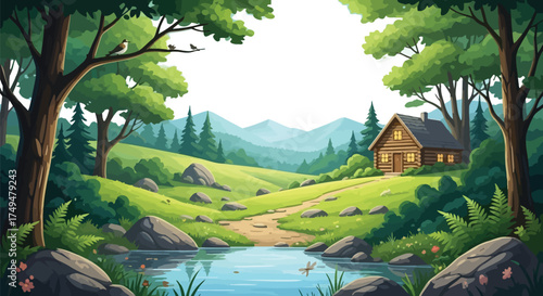 Cozy cabin nestled in a vibrant, lush green valley with a clear blue stream and majestic mountains beyond