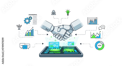 Digital business partnership concept with handshake and data.