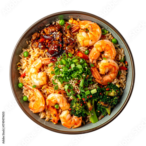 Aerial view of a bowl with fried rice, shrimp, broccoli, and various vegetables