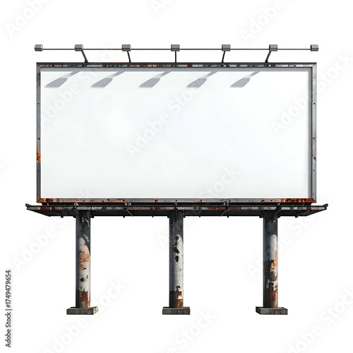 A weathered, blank billboard stands tall with rust and lights against a black background