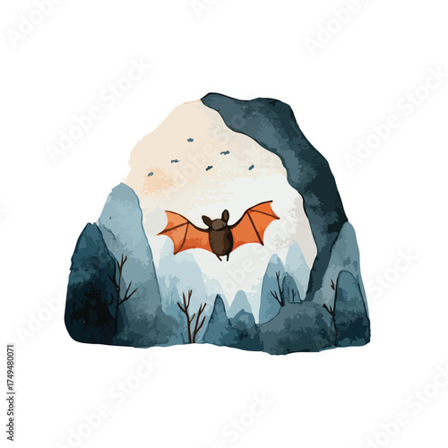 Flying Bat Watercolor Illustration Emerging from Dark Cave.