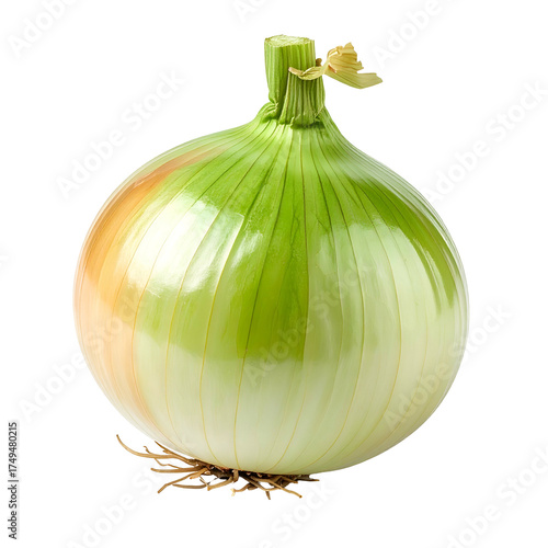 A whole, fresh onion with layered skin, green stem, and root hairs, isolated on black