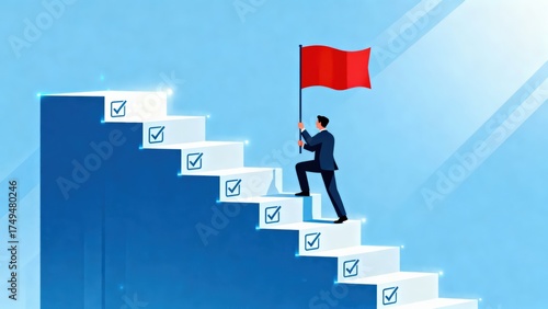 Business success and goal achievement steps Concept. Man climbing stairs with a red flag, symbolizing achievement.