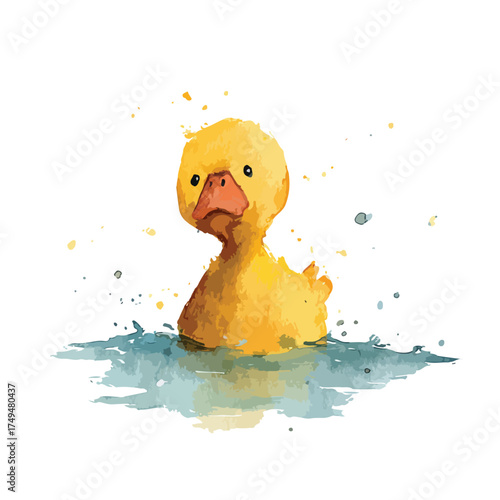 Cute Watercolor Duckling Swimming Illustration.