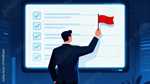 Business success and goal achievement steps Concept. Professional reviewing tasks with a red flag indicator.