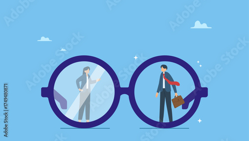 Eyeglasses with clear vision on businessman and unclear blurry vision on woman. Gender bias, sexism inequality in workplace and social, prejudice, stereotyping, or discrimination against women.