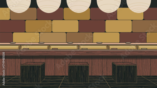 A cartoon illustration of a sushi bar with stools and overhead lighting and a brick patterned wall