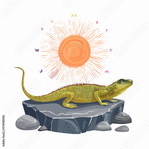 Lizard on rock under sun with compass points