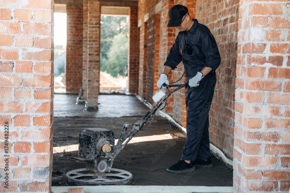 © standret - Process of leveling the concrete on the floor. Builder is working on construction site, unfinished building © standret - Process of leveling the concrete on the floor. Builder is working on construction site, unfinished building