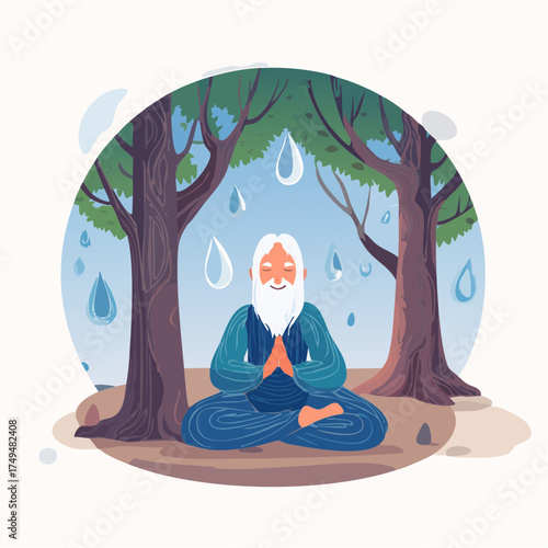 Man meditating under rain between trees