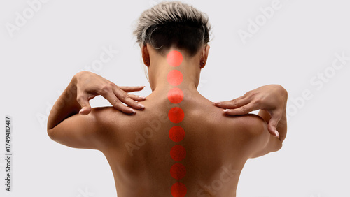 Cuadro en lienzo Woman touching neck with highlighted spine pain and tension zones
