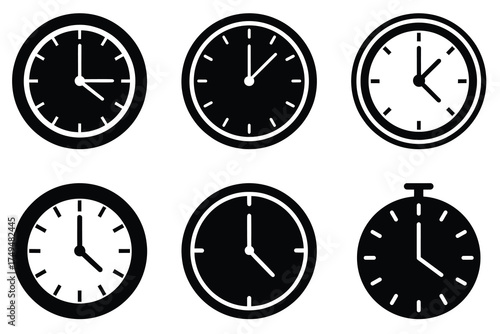 Clock striking midnight minimal flat vector icon set. black color and white background.