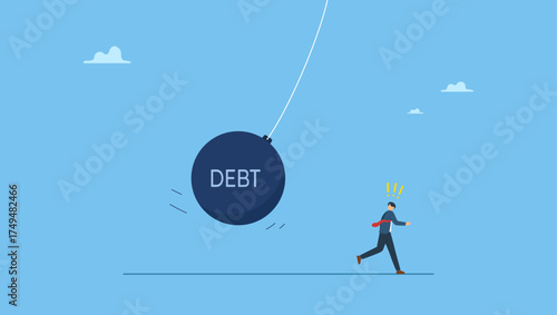Businessman run away from heavy wrecking ball with the word debt. Debt problem, obligation or financial loan crisis, liability or credit failure, no money to pay for debt, mortgage default.