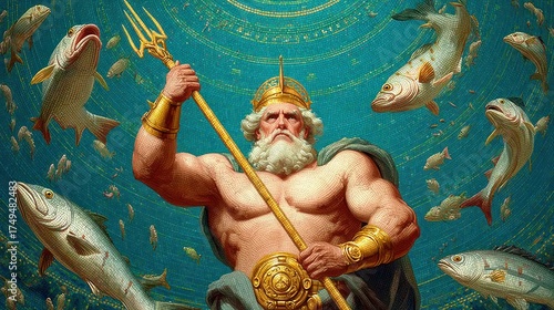Powerful sea god, surrounded by schools of fish, depicted in vibrant colors and detailed artistry, showcasing a majestic underwater scene.