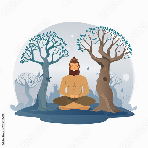Man meditating outdoors under trees