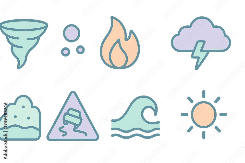 Naklejka premium Pastel colored icons depicting natural disaster and weather conditions