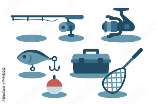 Stylized icons representing various fishing equipment and angling tools