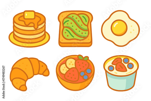 Six popular breakfast food icons: pancakes, avocado toast, croissant, egg, fruit, and yogurt