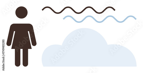 Woman silhouette beside wave lines and cloud representing air quality, weather, and health. Ideal for environment, climate change, wellness, sustainability, energy pollution healthcare. A simple