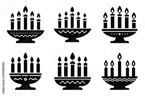 Kwanzaa candle flames minimal flat vector icon set. black color and white background.